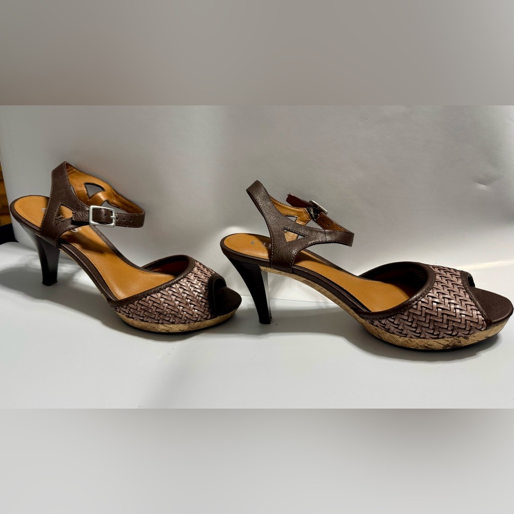 Chaps 3.5” Dark Brown Weave Heels Tan Cork Sole Ankle Strap.